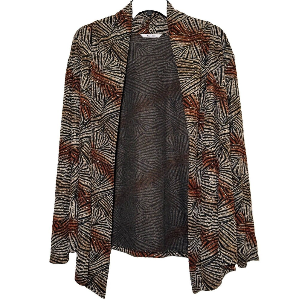 TanJay Women’s Open Front Cardigan Jacket Brown Gold Geometric Metallic Size L